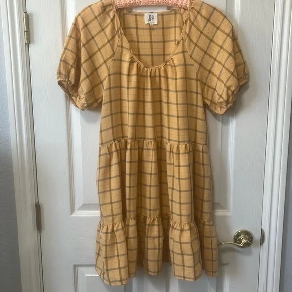 Anthropologie DRA Yellow and Gray Plaid Puff Short Sleeve Mini Dress Size - Picture 1 of 9